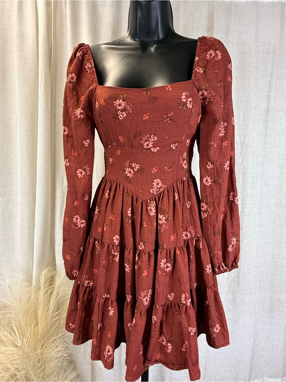 Altar'd State Rust Burgundy Floral Long-Sleeve Tiered Dress